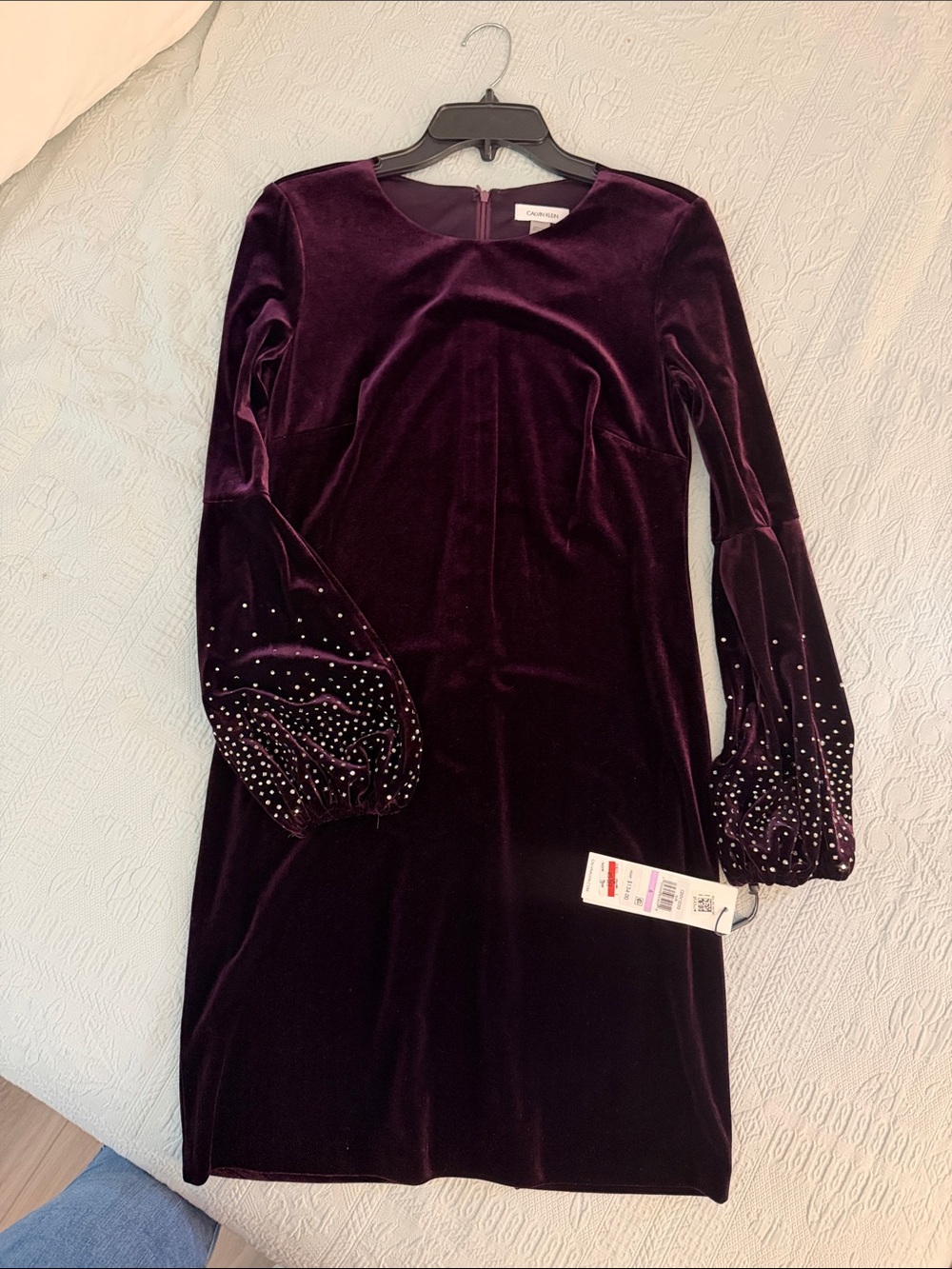 Calvin Klein Plum Velvet Long-Sleeve Dress with Embellished Sleeves